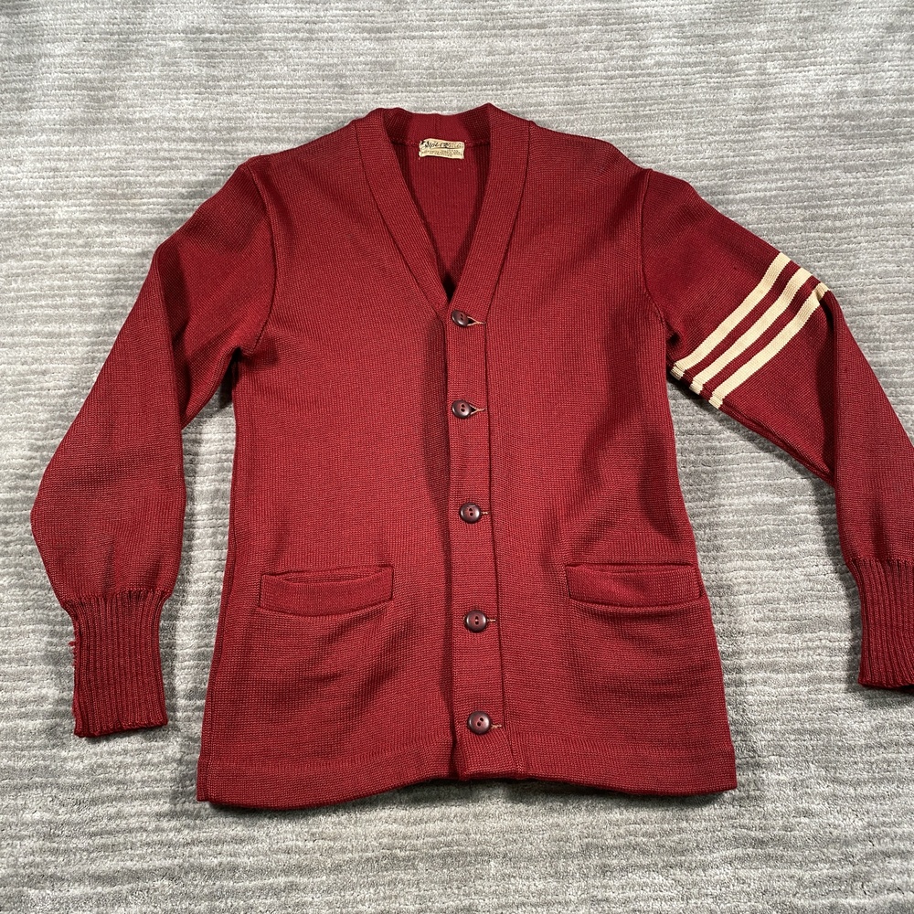 Vintage Super Knit Sweater Mens XXS Red Wool Varsity Striped Sleeve Cardigan